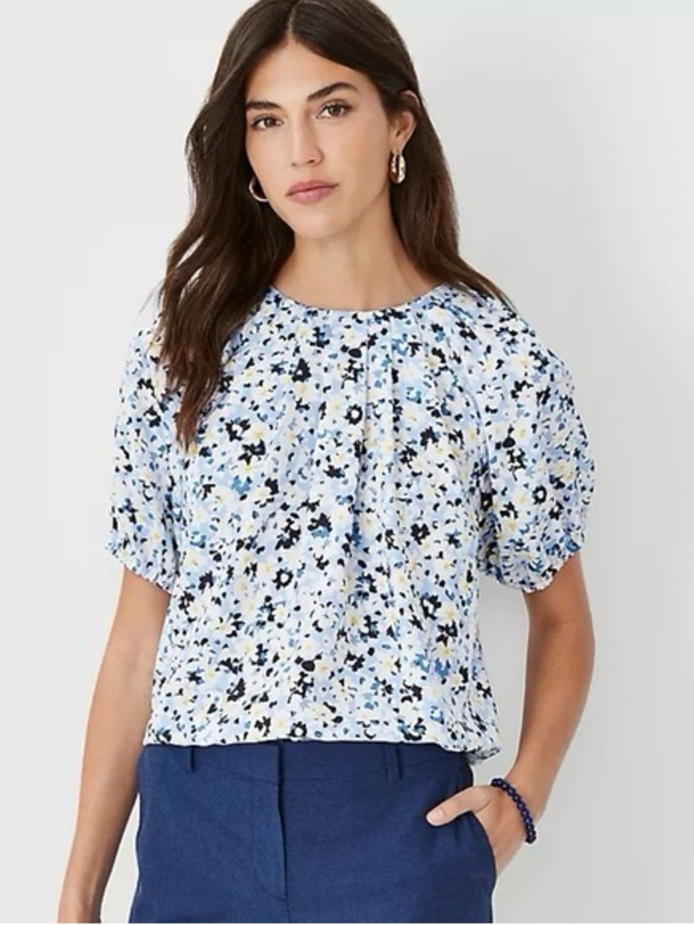 Ann Taylor Light Blue Floral Puff-Sleeve Blouse